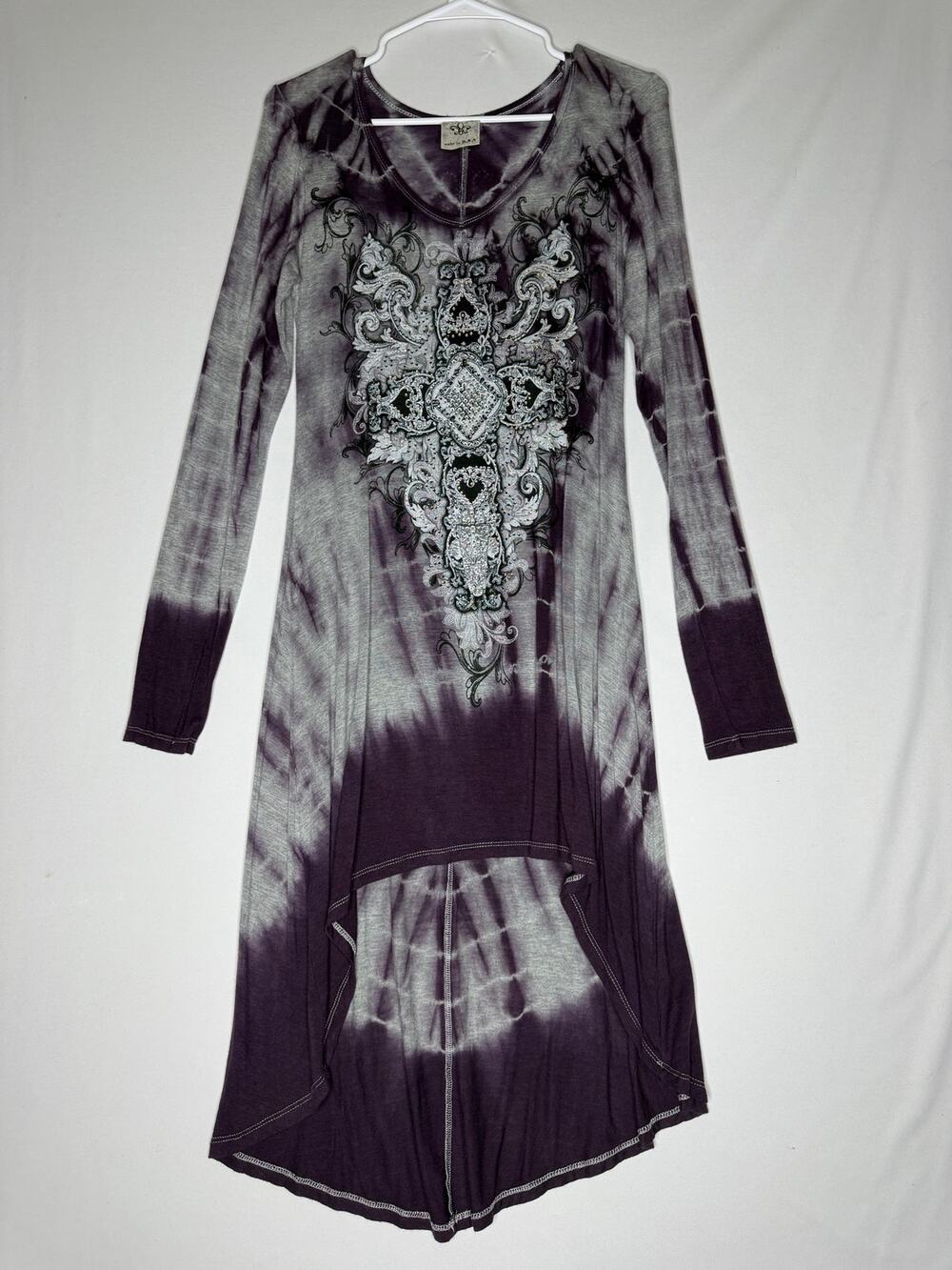 Vocal Tie Dye Rhinestone Cross Tunic Dress Womens Long Sleeve Gray Purple M